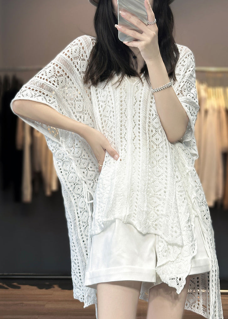 Knit Shirts Women T Neck V White Out Summer Hollow