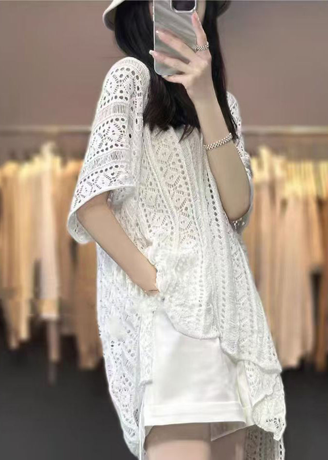 Knit Shirts Women T Neck V White Out Summer Hollow