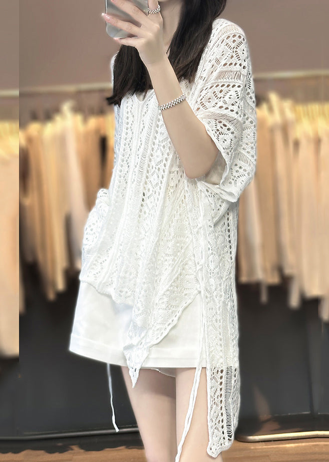 Knit Shirts Women T Neck V White Out Summer Hollow