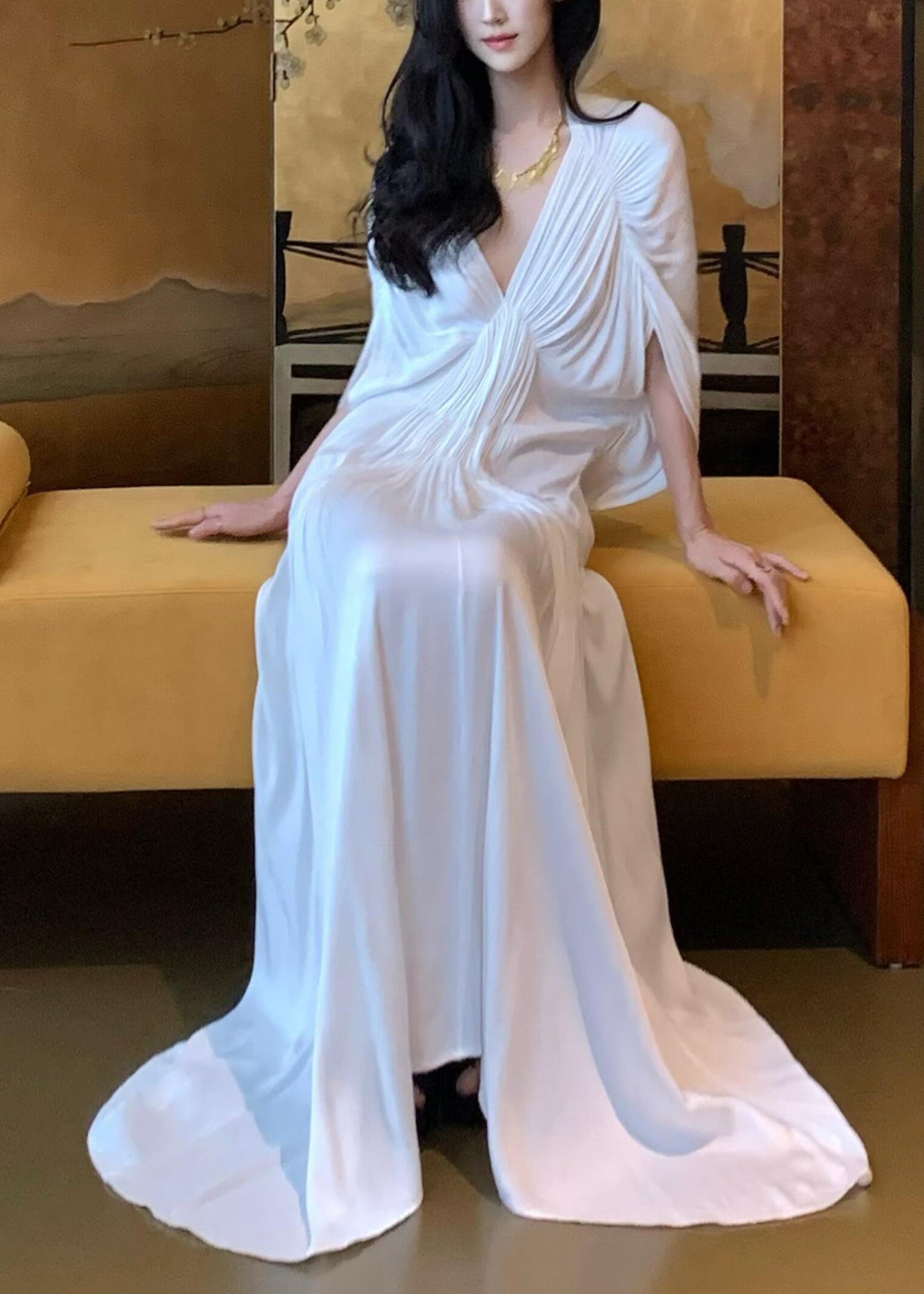 Wrinkled Neck Sleeve V Solid Women Dresses Batwing White