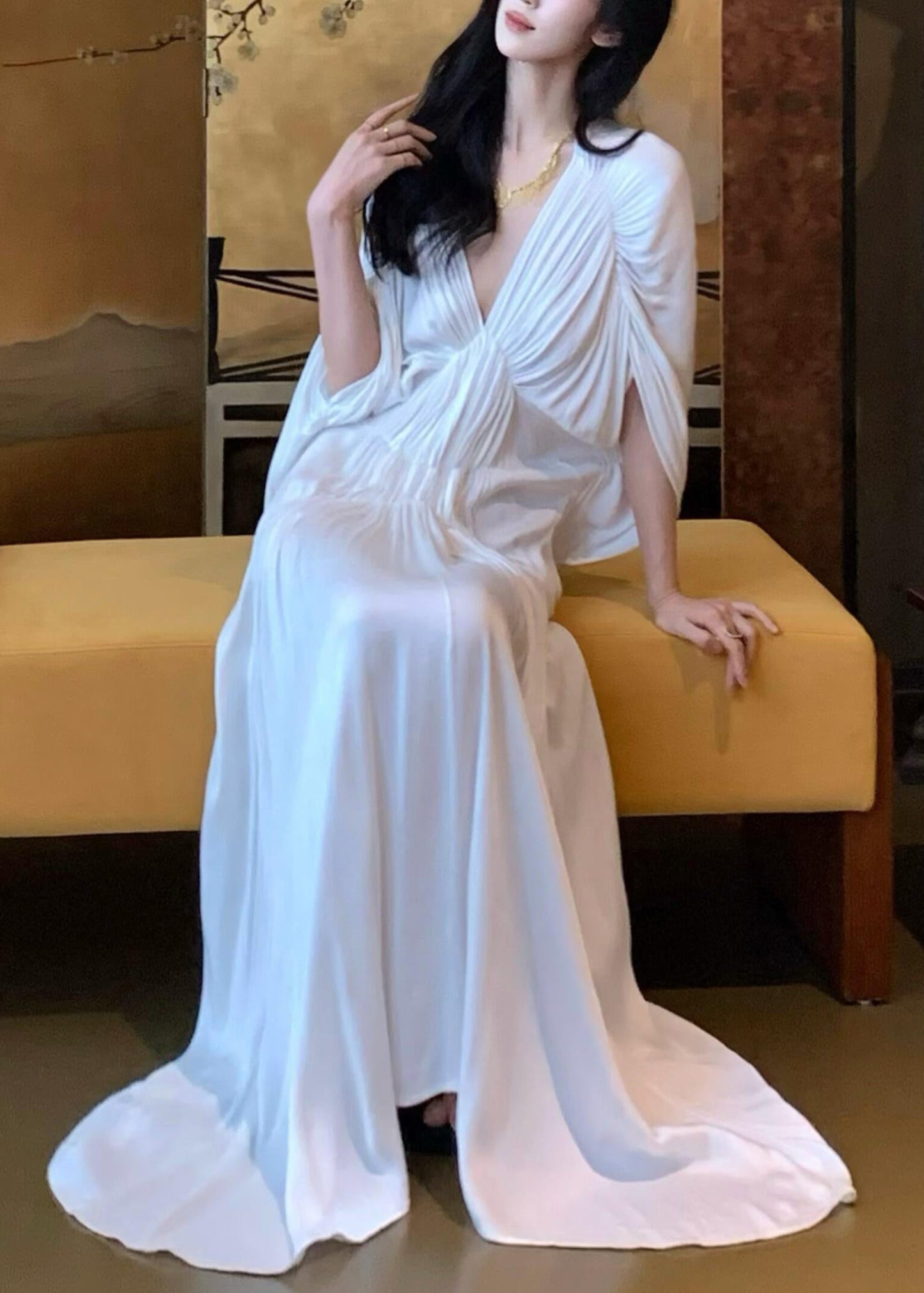 Wrinkled Neck Sleeve V Solid Women Dresses Batwing White