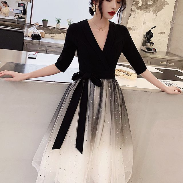 Elbow-Sleeve Sequined A-Line Evening Gown (Various Designs)