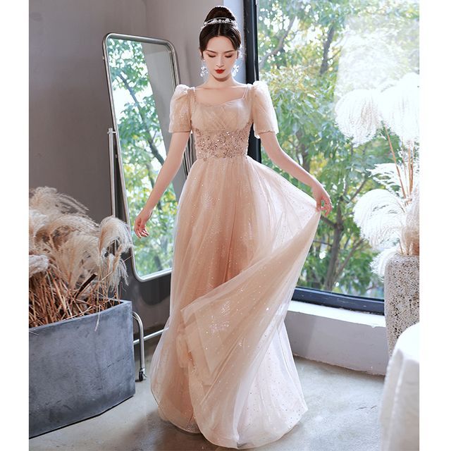 Puff-Sleeve Sequined Lace-Up Back A-Line Evening Gown (Various Designs)