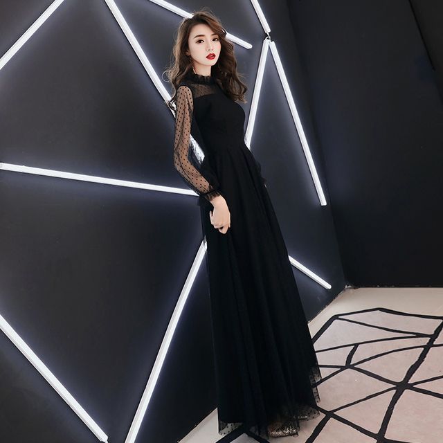 Long-Sleeve Mesh A-Line Evening Gown