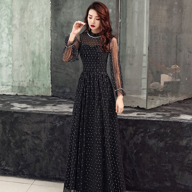 Long-Sleeve Mesh A-Line Evening Gown