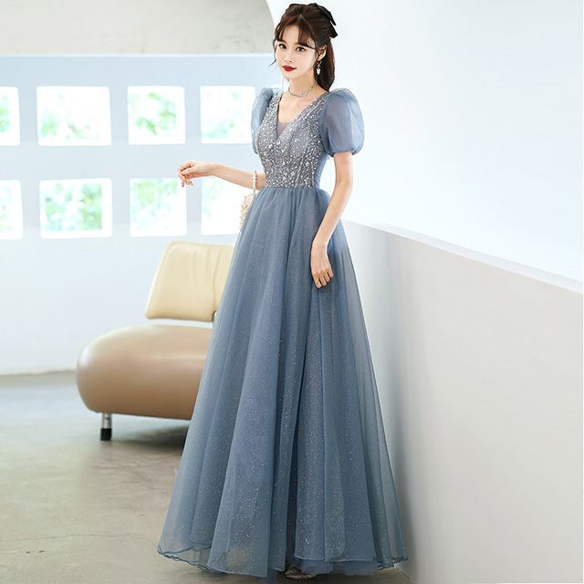 Puff Sleeve Sheer Panel A-Line Evening Gown
