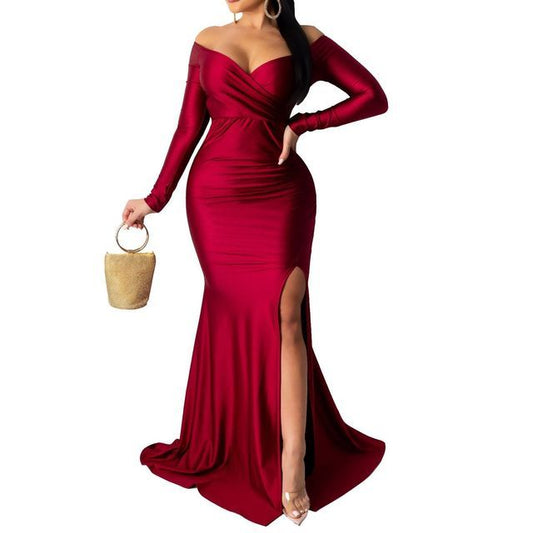 Long-Sleeve Off Shoulder Slit Mermaid Evening Gown