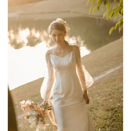 Long-Sleeve Cold-Shoulder A-Line Wedding Gown