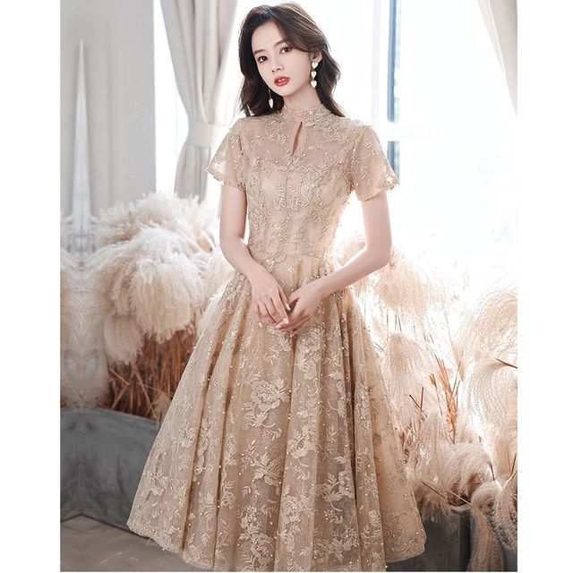 Short-Sleeve Mock Neck Flower Embroidered Faux Pearl A-Line Cocktail Dress / Evening Gown