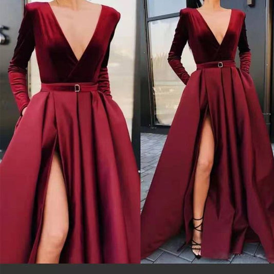 Long-Sleeve V-Neck Plain A-Line Evening Gown