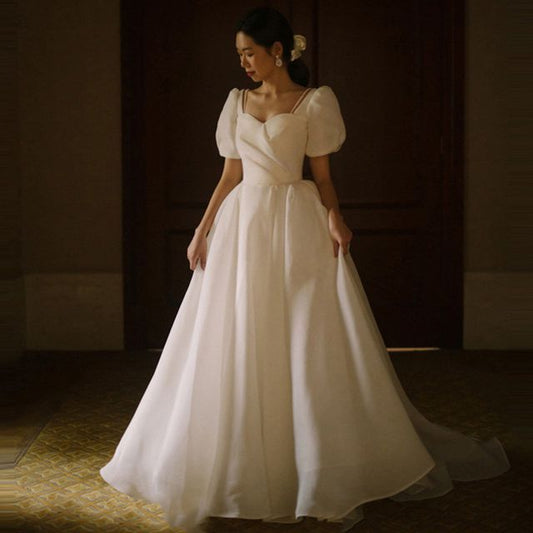 Puff Sleeve Sweetheart Neck Plain Faux Pearl Ruched A-Line Wedding Gown