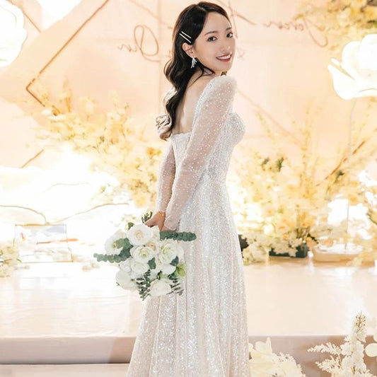 Long-Sleeve Sweetheart Neck Plain Sequin A-Line Wedding Gown