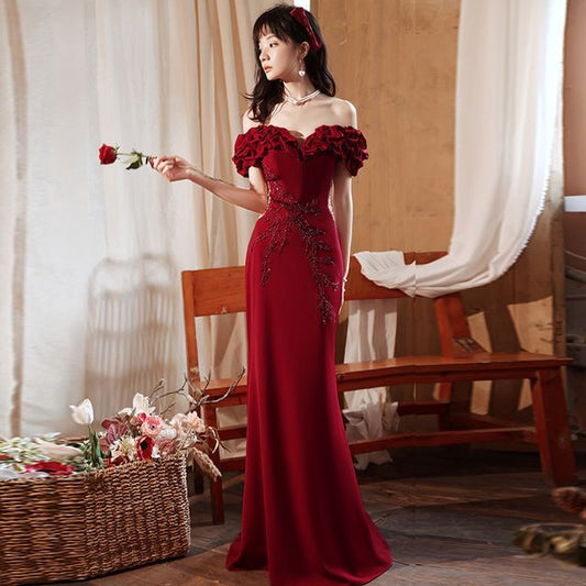 Short-Sleeve Off Shoulder Plain Beaded Ruched Panel Mesh Mermaid Evening Gown