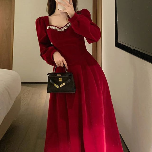 Long-Sleeve V-Neck Plain Rhinestone Accent A-Line Evening Gown