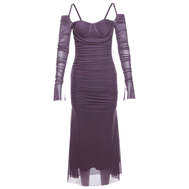 Long-Sleeve Cold Shoulder Plain Ruched Midi Sheath Dress