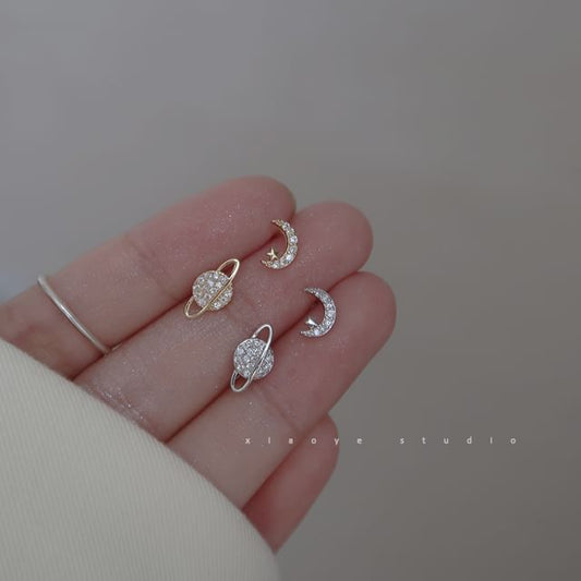 Asymmetrical Earring Stud Silver Sterling Rhinestone Moon