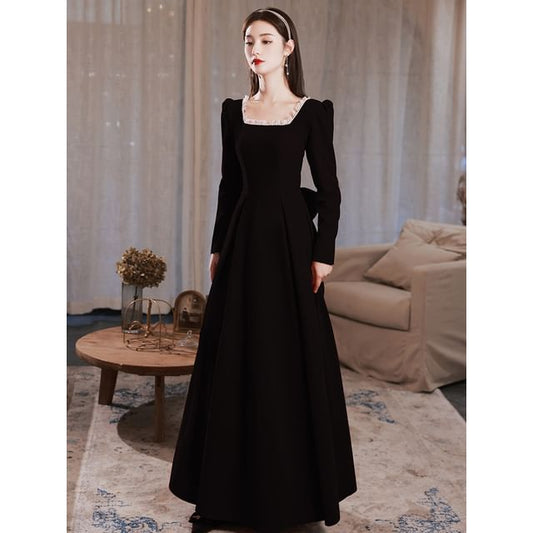 Long-Sleeve Square Neck Plain A-Line Evening Gown / Dress (Various Designs)