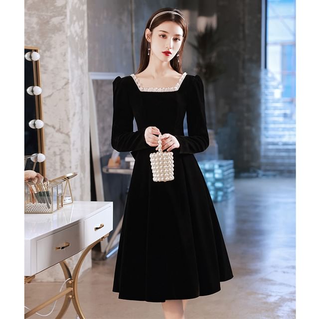 Long-Sleeve Square Neck Plain A-Line Evening Gown / Dress (Various Designs)