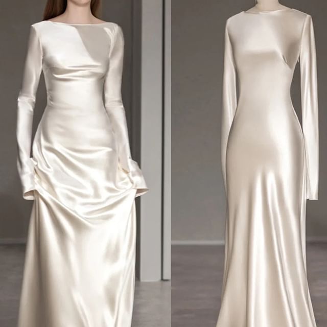 Long-Sleeve Off Shoulder Plain Sheath Wedding Gown
