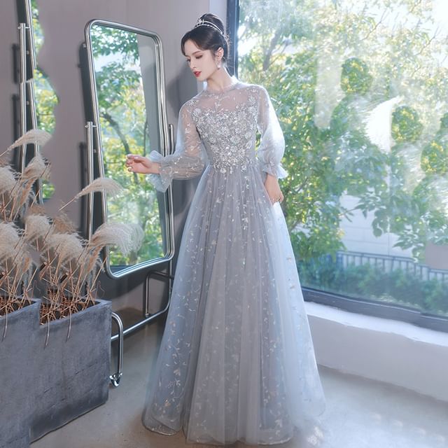 Long-Sleeve Flower Lace A-Line Evening Gown (Various Designs)