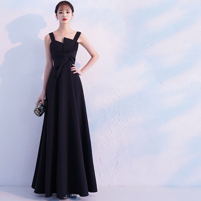 Wide Strap Plain Asymmetrical Knotted A-Line Evening Gown / Cocktail Dress