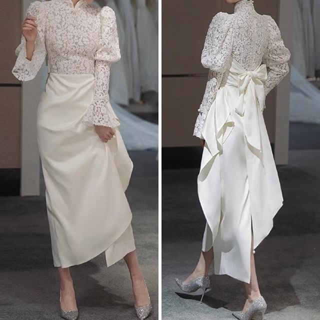 Long-Sleeve Lace Asymmetrical Sheath Evening Gown