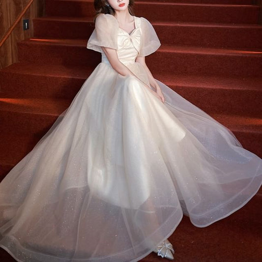 Short-Sleeve V-Neck Mesh A-Line Evening Gown