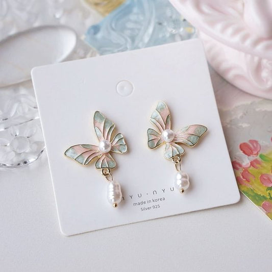 On Clip Pearl Enamel / Faux Drop Butterfly Earring