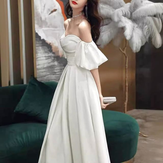 Puff-Sleeve Off-Shoulder Plain A-Line Evening Gown