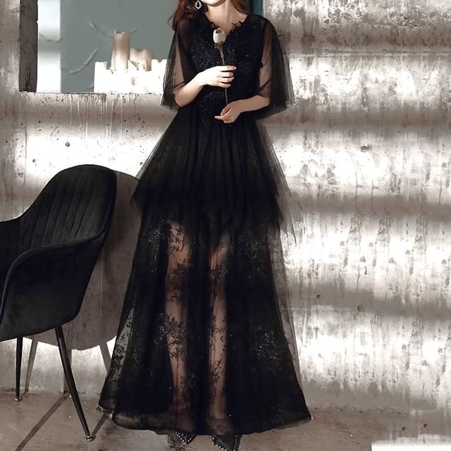 Flared-Sleeve Flower Embroidered A-Line Evening Gown