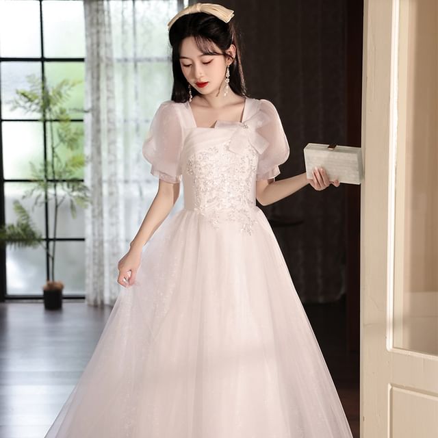 Puff-Sleeve Square Neck Mesh A-Line Evening Gown