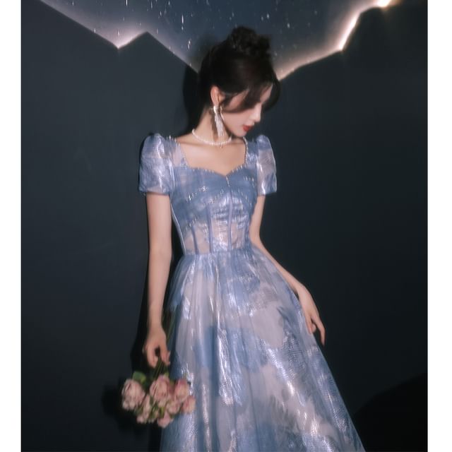 Short-Sleeve Patterned Beaded A-Line Evening Gown