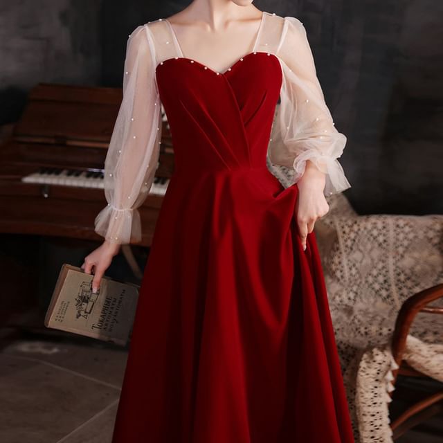 Puff-Sleeve Plain Faux Pearl A-Line Evening Gown / Midi Dress