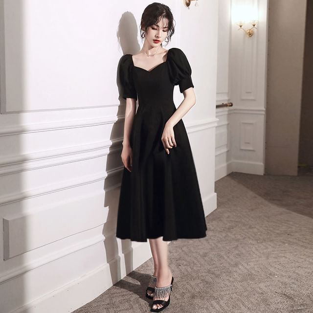 Puff-Sleeve Plain Mini A-Line Dress