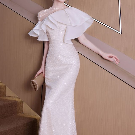 Short-Sleeve Ruffle Trim Beaded Sequin Mermaid Evening Gown