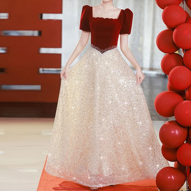 Short-Sleeve Square Neck Sequin Panel A-Line Evening Gown