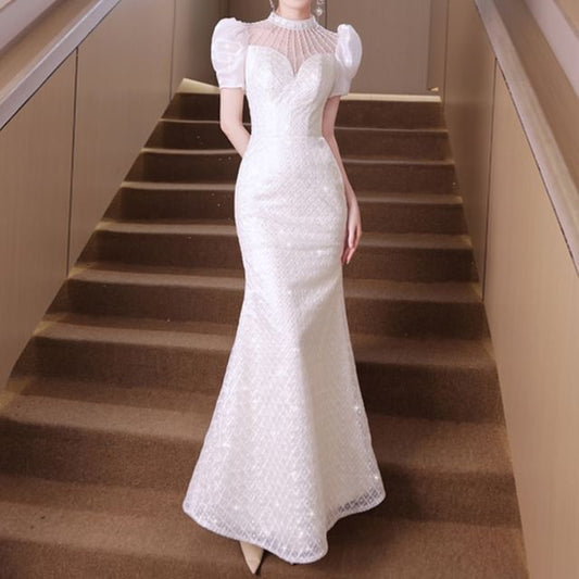 Short-Sleeve Beaded Sequin Mermaid Wedding Gown