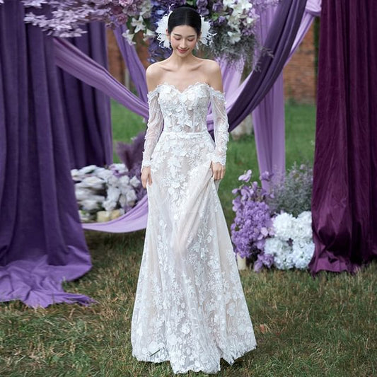 Off-Shoulder Long-Sleeve A-Line Lace Wedding Gown