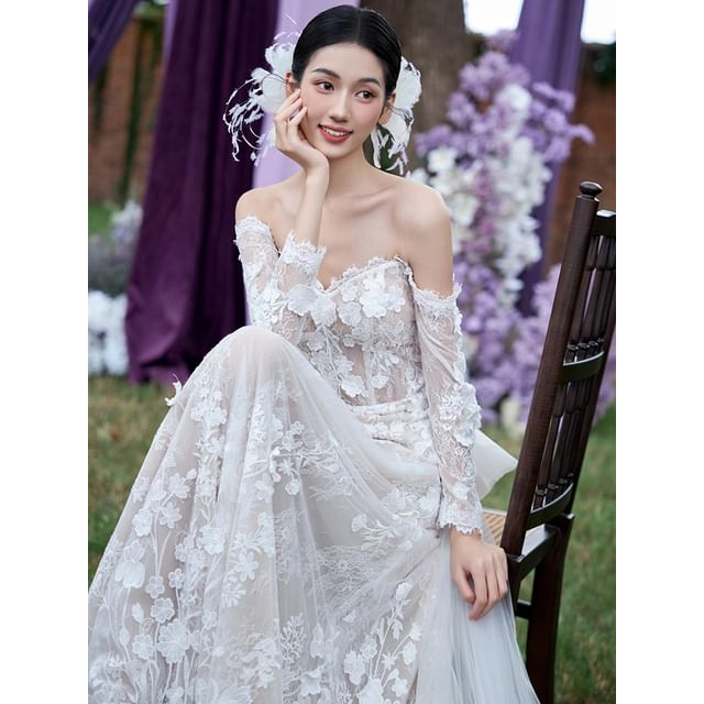 Off-Shoulder Long-Sleeve A-Line Lace Wedding Gown