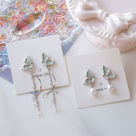 Rhinestone Pearl Butterfly Drop Faux Earring