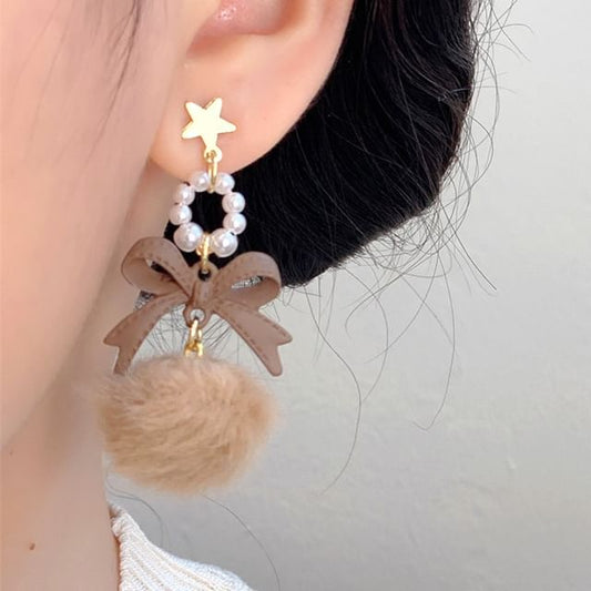 Faux Earring Clip-On Drop Bow Pom / Pearl