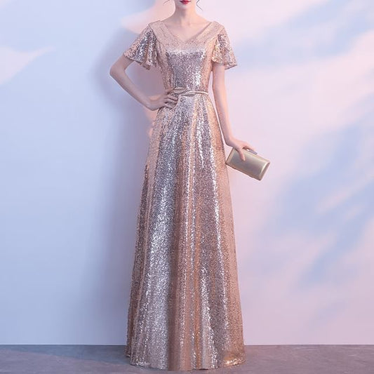 Short-Sleeve V-Neck Sequin Maxi A-Line Evening Dress
