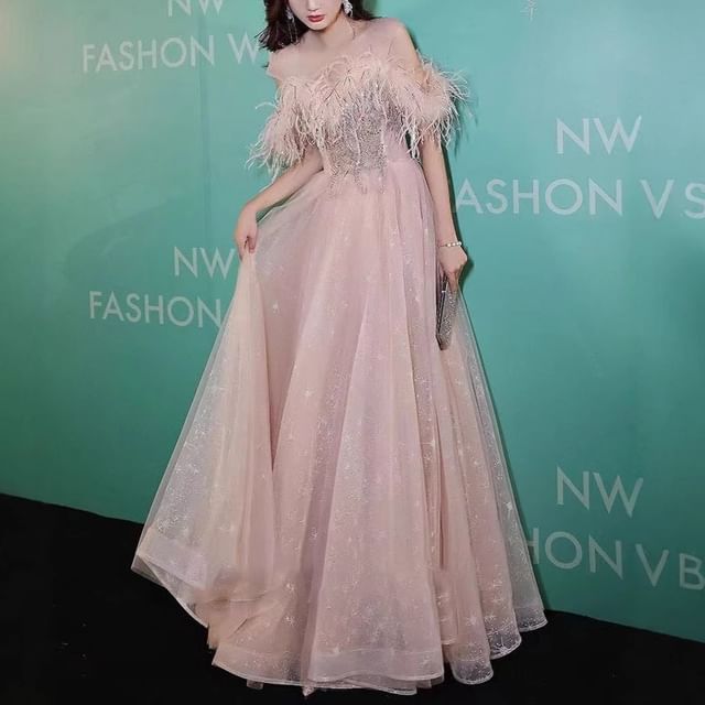 Off-Shoulder Sequin Fluffy Trim Mesh A-Line Evening Gown / Midi Dress