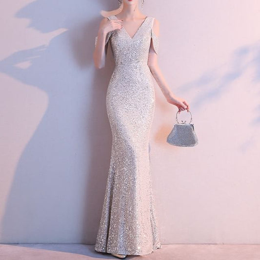 Cap-Sleeve V-Neck Cold-Shoulder Sequin Mermaid Evening Gown