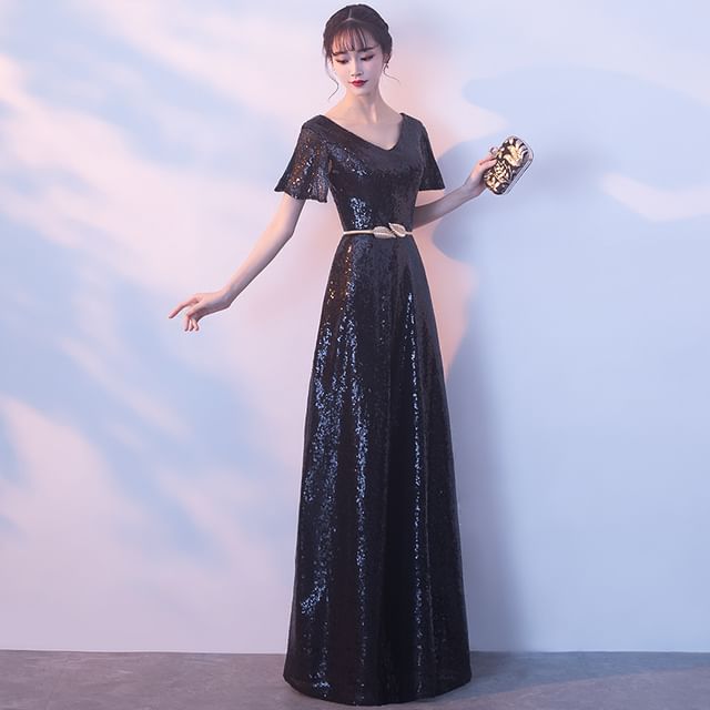 Short-Sleeve V-Neck Sequin Maxi A-Line Evening Dress