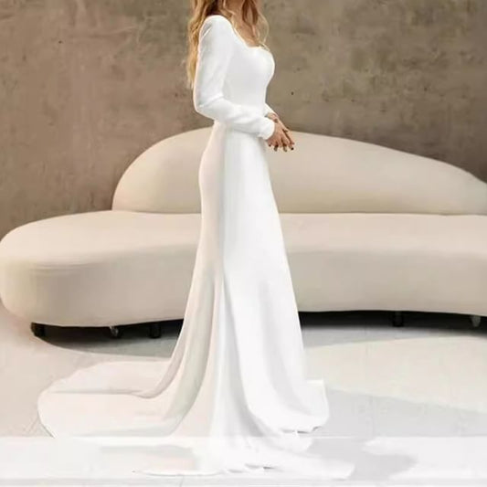 Long-Sleeve Square Neck Plain Mermaid Wedding Gown
