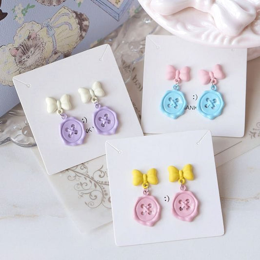 / Drop Bow Clip-On Button Earring