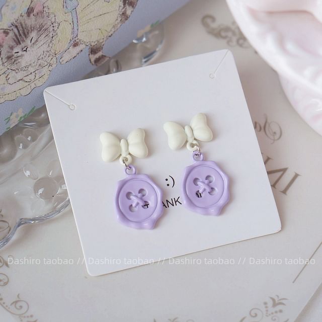 / Drop Bow Clip-On Button Earring