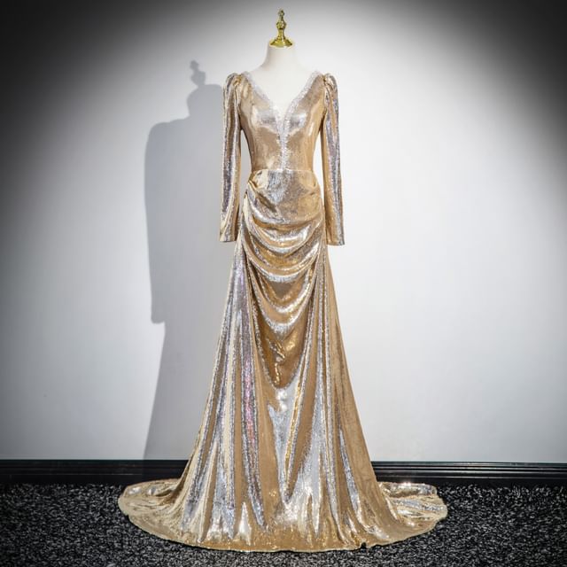 Long-Sleeve V-Neck Sequin A-Line Evening Gown