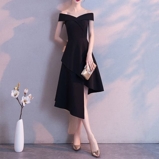 Sleeveless Off Shoulder Plain Asymmetrical A-Line Dress
